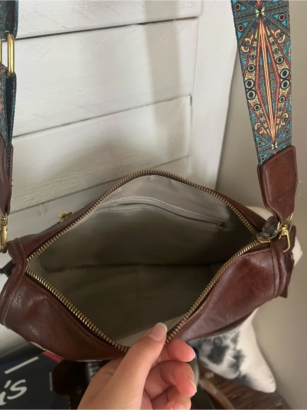 Brown Leather Crossbody Bag with Hand-Painted Turkey